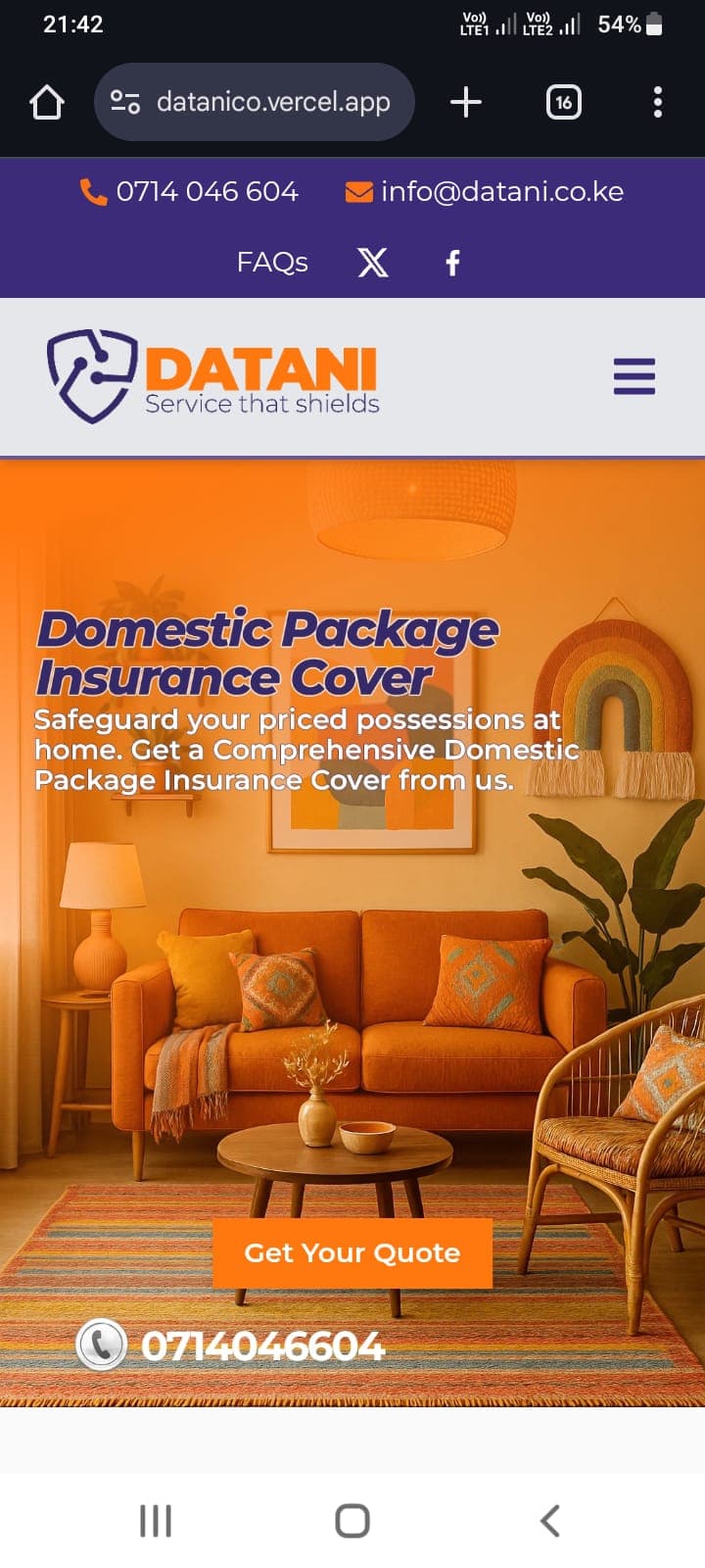 Datani Insurance Agency - A corporate website for Datani Insurance Agency showcasing services, policy information, and client testimonials. built by Simon Juma