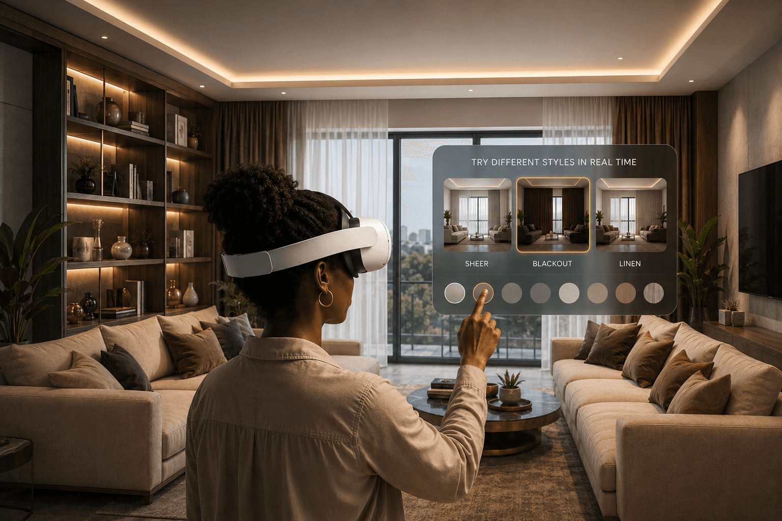 R&J Interiors — client previewing curtain styles in immersive VR inside a luxury living room